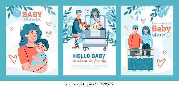 Concept of happy pregnancy, baby shower party, maternity and parenthood. Young family with newborn baby. Set of vector poster with lettering.