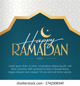 Concept of happy ramadan in gold typography lettering and white decorative background. Islamic holiday event.