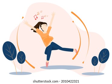 Concept happy, relax, enjoy. girl who is jumping and dancing with joy. Vector flat style. Illustration for content jump, exercise, relaxing, rest, joyful, anniversary, freedom, time