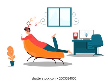 El concepto de relajación feliz. hombre tendido en el sofá jugando por teléfono Dentro de la sala de estar de vacaciones felizmente. Vector de estilo plano. Ilustración de contenido relajante, felicidad, vacaciones, estilo de vida, disfrutar