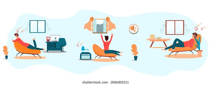 Concepto feliz, relájate. hombre tendido en el teléfono móvil, joven levantándose del sofá con un giro perezoso, hombre durmiendo y relajándose mientras escucha música. Ilustración plana vectorial para un estilo de vida definido 