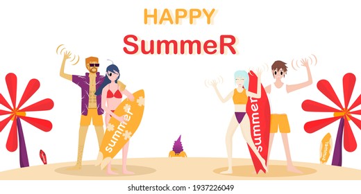 Concept happy summer. group of friends meeting for the beach, vacationers, and sea beach-style backgrounds. Vector illustration for content vacation, summer, travel, summer sea, relaxation lifestyle.