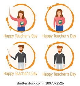 Concept happy teacher day holiday, male female standing hand drawn circle, school and university professor cartoon vector illustration, isolated on white. Smiling bearded man and woman hold textbook.