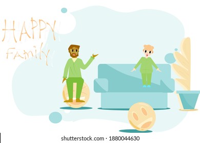 Concept happy time, happy family. A father who is sitting with his daughter  In the living room.  Family holiday.  Flat style vector illustration for content  Holiday joy lifestyle family 