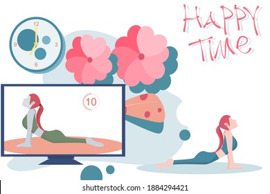 Concept happy time, lifestyle relax health care. Young women who are practicing yoga follow on TV, do yoga activities for good health.  Flat style vector illustration for content, yoga activities