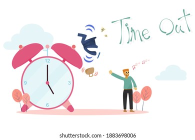 Concept Happy, Time Out, Weekend, Rest. Young Businessman  Walking Home  With A Clock Showing Time Off Work, Flat Style Vector Illustration For Content, Long Weekend, Vacation, Time Off Work, Happy 