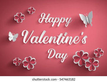 Concept of happy valentine day,text on red background with butterfly and heart flower , Paper art and craft style.