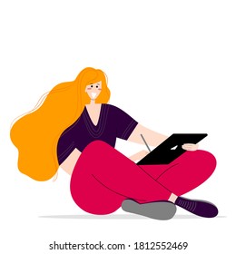 Concept happy woman with tablet and smart pencil. Hand drawn vector isolated on white background. Girl sitting on the floor and working on gadget in flat style for social network and media
