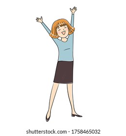Concept with happy woman.A young woman is standing with hands raised up.The lady is happy. End of work, week or study.Stock vector illustration.Student, businesswoman isolated on white background.