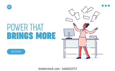 Concept Happy Working Day, Fun At the Office. Website Landing Page. Happy Woman Is Having Fun At The Office. Girl Throw Up Documents. Cartoon Linear Outline Flat Style. Vector Illustration