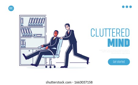 Concept Happy Working Day At the Office. Website Landing Page. Business People Have Fun At The Office. Characters Are Riding Armchairs. Cartoon Linear Outline Flat Style. Vector Illustration