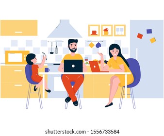 Concept happy young family sits in the kitchen at the table. Dad and mom work on the Internet at a laptop. Daughter watches cartoons on the phone. Kitchen room in modern flat line style. 