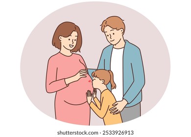 El concepto de una familia joven y feliz. Esperando a un nuevo miembro de la familia. Familia grande llena y feliz. El niño besa el vientre de la madre embarazada.