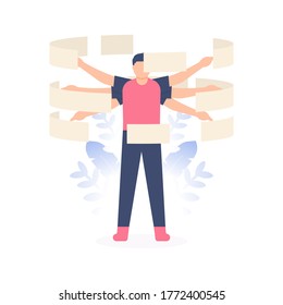 the concept of hard work, multitasking, workmanlike. illustration of a man standing while doing many tasks by using his six hands. flat design. can be used for elements, landing pages, UI, website