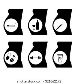 the concept of harm during pregnancy, caution, drugs, smoking, alcohol, vector illustration.