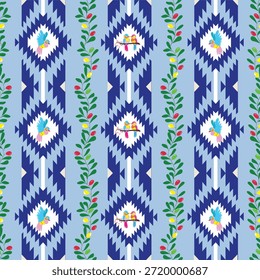 Concept: Harmonic Convergence of Geometry and Nature The concept of this design centers on the juxtaposition of bold, sharp geometric structures with the soft, organic flow of nature. It features vertical navy blue columns decorated with white and light blue diamond "sawtooth" patterns, each housing a vibrant bird in flight or a pair of lovebirds perched on a branch. In between these structured bands, delicate green vines adorned with red and yellow berries climb upwards, creating a balanced visual rhythm that represents the coexistence of order and natural growth.
Theme: Modern Tribal Aesthetic and Nautical Folk Art The theme is Modern Tribal Folk, utilizing a cool-toned palette of navy, azure, and emerald green, accented by bright primary colors for the birds and berries. This aesthetic draws inspiration from traditional embroidery and weaving patterns, reimagined with a clean, high-contrast graphic style. It evokes a feeling of calm, heritage, and vitality, making it an excellent choice for interior textiles, outdoor fashion accessories, sophisticated wallpaper, and artisanal-themed packaging.
