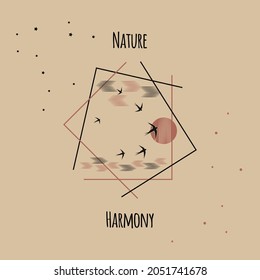 Concept  Harmony in Nature . Flock of swallows flies to bright sun,  clouds. Pink background and black birds. Frame for logo, text Nature, Harmony. Vector illustration for design.