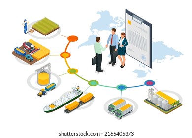 The concept of harvest, export, import. Isometric Grain Export. Global logistics network, logistic import export and transport