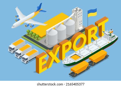 El concepto de cosecha, exportación, importación. Exportación de grano isométrico. Red logística mundial, exportación de importaciones logísticas y transporte