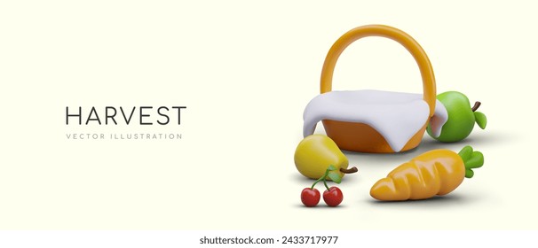 Concept of harvest of vegetables and fruits. Realistic basket, apple, pear, cherry, carrot
