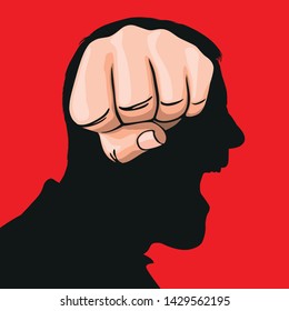 Concept of hate feeling with a fist seen from the front, which takes the place of a brain on the profile of an angry man.