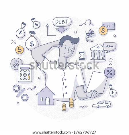 Concept of having many debts. Confused man faces financial difficulties having many bills to pay. Doodle vector spot illustration