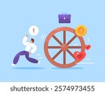 concept of having problems. avoiding and running away from life, money, relationship, and work problems. illustration of a man running away from a giant wheel that keeps chasing him. flat style design