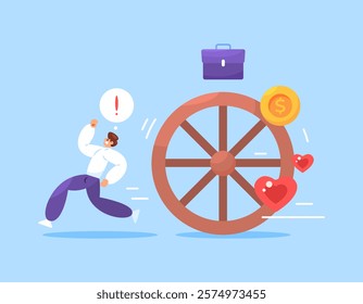 concept of having problems. avoiding and running away from life, money, relationship, and work problems. illustration of a man running away from a giant wheel that keeps chasing him. flat style design