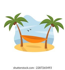 Concept Hawaii beach hammock palms sand. This is an illustration with a flat and cartoon-style design featuring a hammock hanging between two palm trees on a beach in Hawaii. Vector illustration.