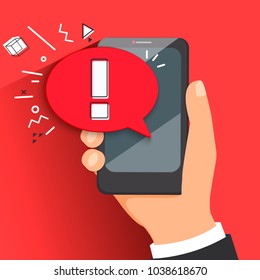 The concept of hazard or error notification in a mobile phone. Bubble with a message to be careful in the smartphone on a red background.Warning about spam, secure connection,fraud, a virus.Vector.