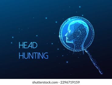 Concept of head hunting, hiring process with magnifying glass and employee symbol in futuristic glowing low polygonal style on blue background. Modern abstract connection design vector illustration.