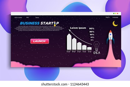 The concept head of the website to launch the company: for promotion, space, hosting or other spheres. Landing page template. Isometric vector illustration with space and rocket.