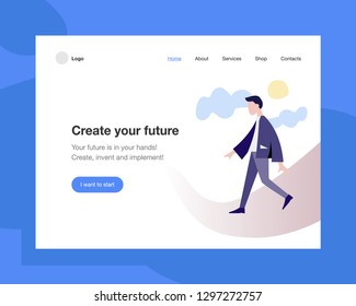 The concept head of the website to launch the company: for promotion, space, hosting or other spheres. Landing page template. Isometric vector illustration with a walking man in a suit.