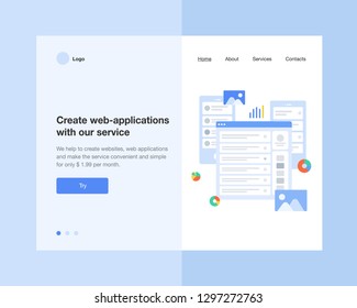 The concept head of the website to launch the company: for promotion, space, hosting or other spheres. Landing page template. Isometric vector illustration with web-application, web-page.