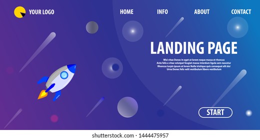 The concept head of the website to launch the company: for hosting, promotion or other spheres. Landing page template. Isometric vector illustration with space and rocket.