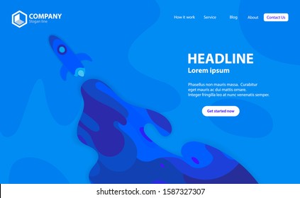 Concept head of the website to launch.Template start web page.Vector illustration with space and rocket.