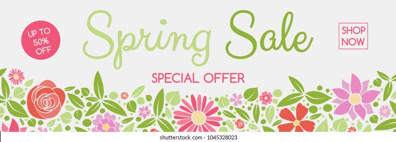 Concept of a header with colorful flowers for Spring Sale. Vector.