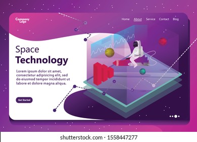 The concept of header website with modern design style: for promotion, space, hosting or other spheres. Landing page template. Isometric vector illustration with space, rocket and technology.