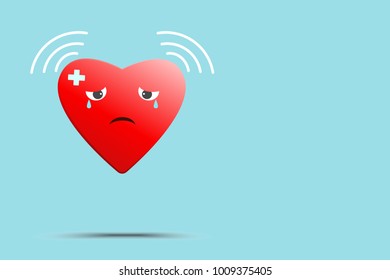 The concept of healing heart.Red heart is being sick and are crying with copy space on light blue background.Healthy heart.valentine.For health care design.Vector illustration