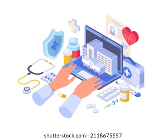 Concept of health care. Modern technologies, Internet and interaction with doctor. Conferencing, specialist will diagnose his own patient, search for optimal treatment. Volumetric vector illustration