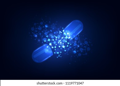 concept of health care technology, graphic of realistic transparent pill with abstract futuristic DNA inside