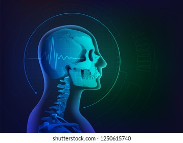 concept of health care technology, graphic of realistic skull scan with pulse sign