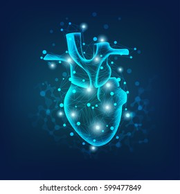 concept of health care technology, graphic of heart covered by wireframe and dots