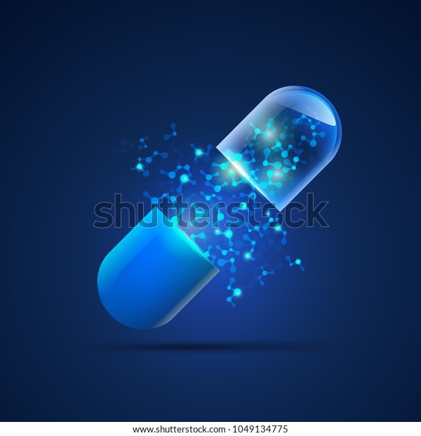 concept of health\
care technology, graphic of realistic transparent pill with\
abstract futuristic DNA\
inside