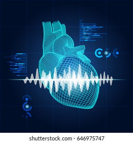 concept of health care technology, wireframe heart with pulse signal and digital screen