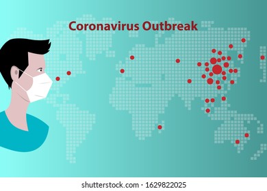 Concept of health care, a young man wear white mask and looking the spreading of red dot from asia to around the world.