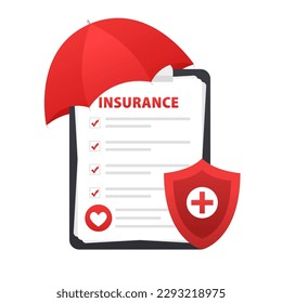 The concept of health insurance. Large clipboard with a document under an umbrella. Health care, finance and medical care. Umbrella shield and checklist. Business policy guarantee. Vector illustration