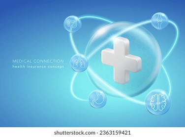 Concept of health insurance and medical connection Insurance covers treatment of various diseases including brain disease, stomach disease, lung disease, bone and intestinal disease.  Vector file.