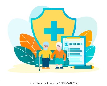 The concept of health insurance for pensioners, filling out the form of the insurance contract, a yellow shield with a green cross as a symbol of protection and security. Vector illustration