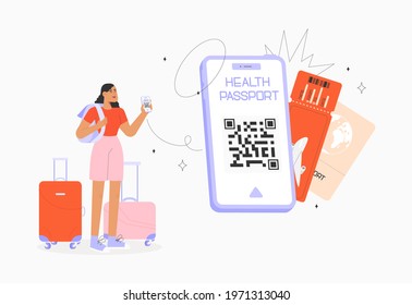 
Concept of a health passport or Covid19 vaccination passport. 
Female character with suitcase in the airport goes on a trip. Flat vector illustration. Travel during the pandemic.